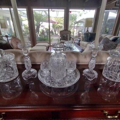 SOLD crystal decanter and glasses, candlestick holders