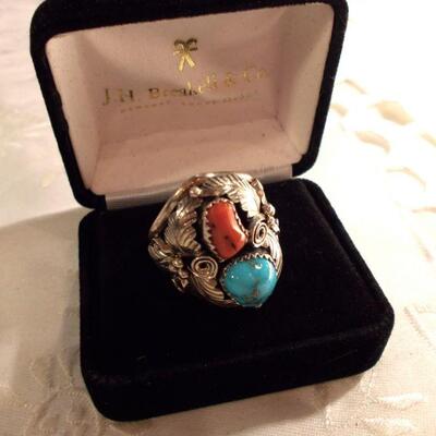 Sterling Turquoise and Coral Ring 