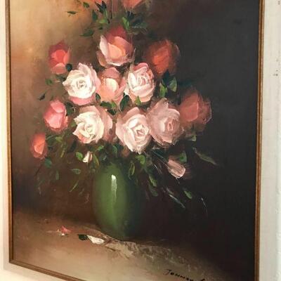 Oil painting of roses. 38 x 26”. Artist signed Johnson. 	