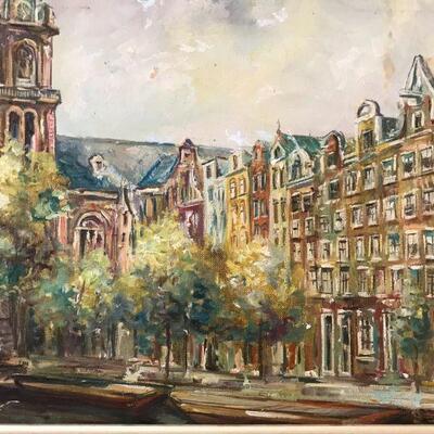 Detail of oil painting of Dutch city scene