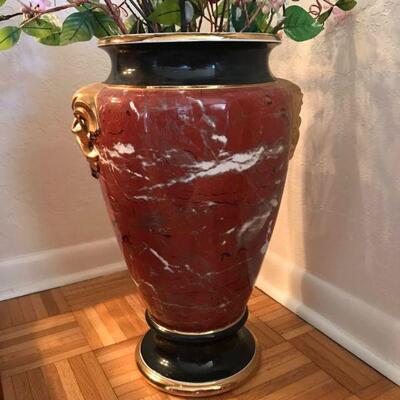SCC Castelli Vase or Urn, red porcelain with marbled look, gold leaf ears or handles, rare to see this color combination with the gold...
