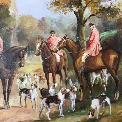 Horsemen oil painting Preparing for the hunt (possible John Sanderson Wells) Nobles and dogs, foxhunt (detail)