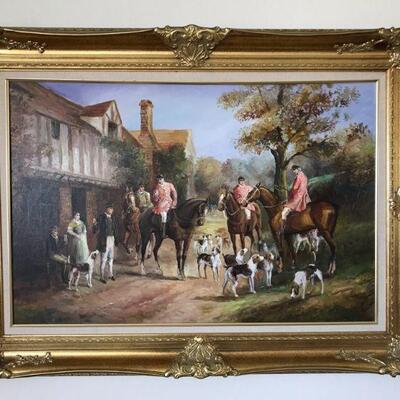 Horsemen oil painting Preparing for the hunt (possible John Sanderson Wells) Nobles and dogs, foxhunt 