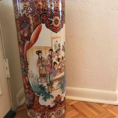 Dazzling, hand-painted large Chinese porcelain floor vase, manufactured in China (signature on the bottom). Measures 24” high with a 9”...