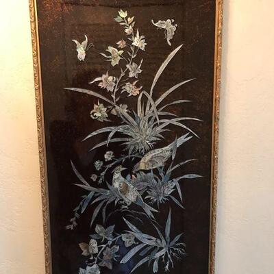 Two Asian Chinese mother of pearl inlay black lacquer wall plaque panels measuring 32.5 x 16.5. Framed and behind glass.
