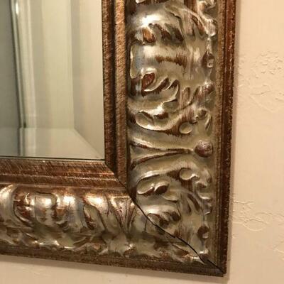 Ornate Wall Mirror Gilt Finish Frame Antique Gold measures 26 x 22”.	