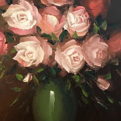 Oil painting of roses. 38 x 26”. Artist signed Johnson. 	