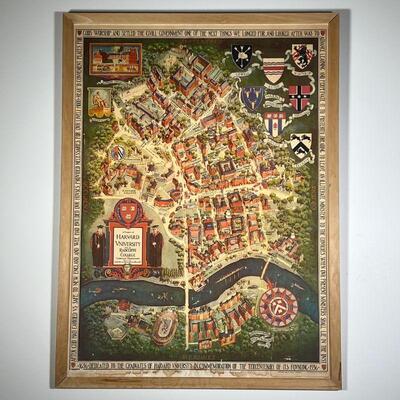 VINTAGE MAP of HARVARD UNIVERSITY | 1935 map by Edwin J. Schruers, framed with no glass; overall 35-1/2 x 26-1/2 in. (framed) [wear...
