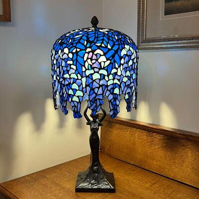 BLUE TIFFANY STYLE LAMP | Beautiful blue stained glass shade shaped like a willow tree, with a statue of a woman as the base, with...