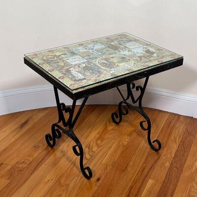 TILE TOP SIDE TABLE | Exceptional fairy tale themed tile top side table with glass surface, tiles depict scenes from fairy tales and...
