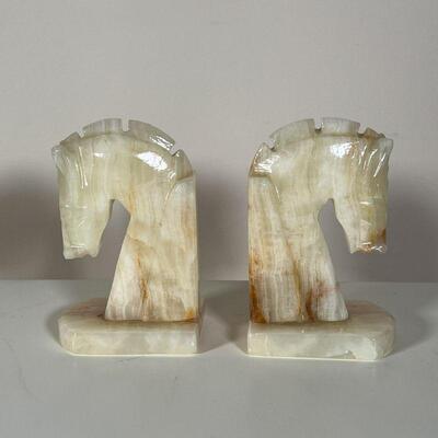 PAIR ALABASTER BOOKENDS | Pair of vintage carved alabaster horse head bookends; h. 5-1/2 in.