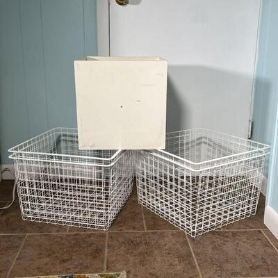 (5pc) STORAGE BINS | Including 4 white Elfa wire bins and 1 white cubby (13-1/2 x 13-1/2 in.)