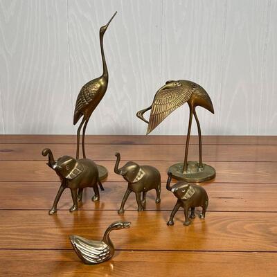 (6pc) BRASS ANIMAL FIGURES | Including a pair of cranes, a set of 3 elephants, and a swan; tallest h. 12 in.