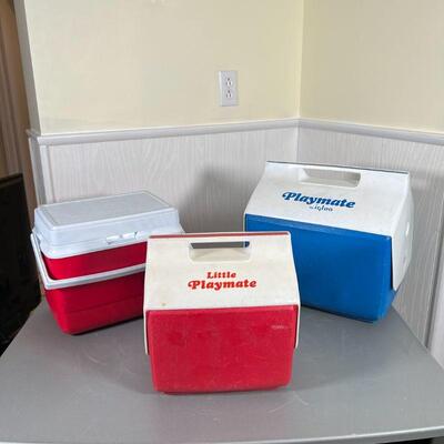 (3pc) GROUP COOLERS | Including a blue Playmate cooler, a red Little Playmate cooler, and a red Rubbermaid cooler