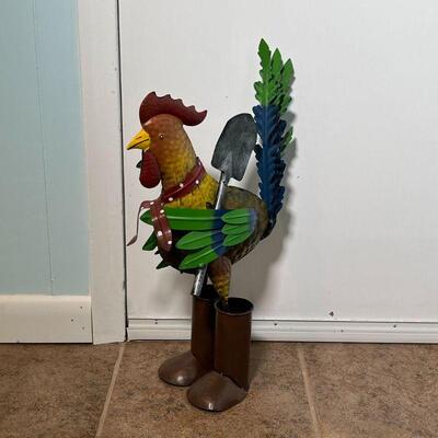 PAINTED TIN ROOSTER | Garden decoration, rooster in boots with sunflower and shovel, very cute! h. 21-1/4 x 11 in.