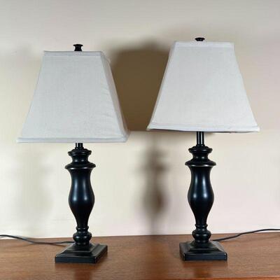 PAIR COLUMN FORM LAMPS | Metal table lamps; h. 25 x 12 x 12 in. (with shade)