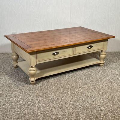 WOOD COFFEE TABLE | Low table with two drawers, by Liberty Furnitures; 18 x 50 x 30 in.