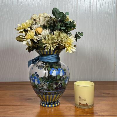 PAINTED GLASS VASE | With faux floral arrangement; vase h. 10 in. 