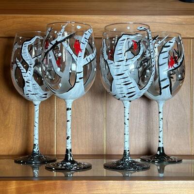 (4pc) HAND PAINTED WINE GLASSES | Depicting cardinal birds resting on birch trees; h. 9-1/2 in. 
