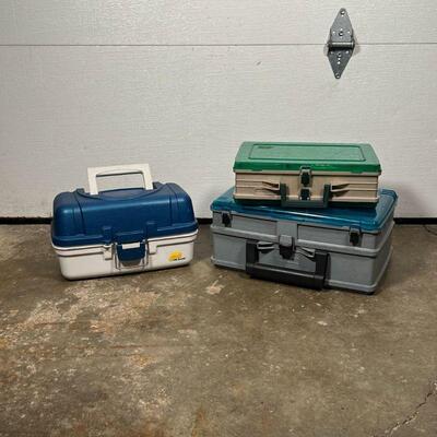 FISHING GEAR | Including one tacklebox with lures and other items, plus 2 empty tackle boxes