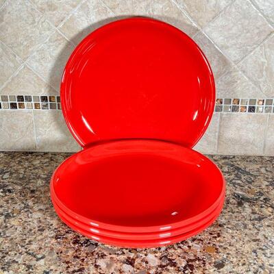 (4pc) POTTERY BARN COLORFUL SERVE PLATES | 12 in. ceramic dinner plates in a bright red by Pottery Barn