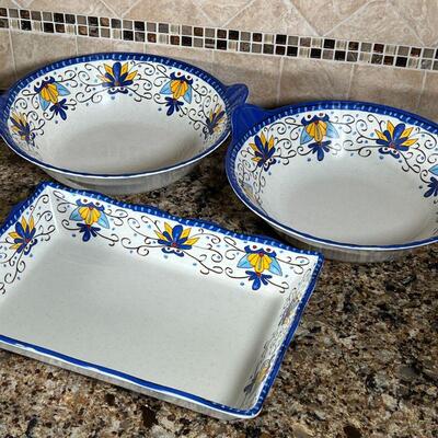 (5pc) MELAMINE SERVINGWARE | Set of matching large serving tray and pair of large bowls with Mediterranean motif and pair of leaf...