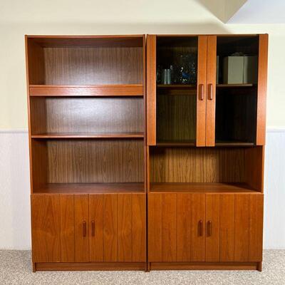 PAIR BOOKSHELF CABINETS | Mid-century modern design, including an open bookshelf with lower cabinet doors and a display cabinet with...