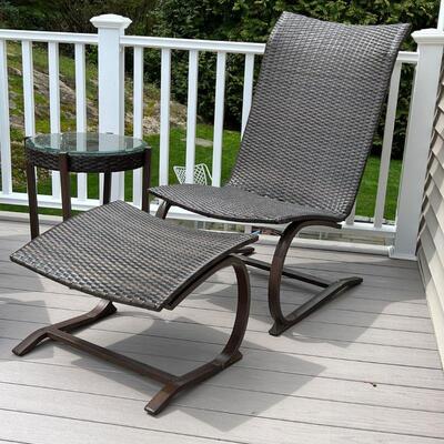 (5pc) PAIR WOVEN LOUNGE CHAIRS | Weatherproof woven outdoor patio lounge chairs with matching foot rests and a glass-top side table; each...