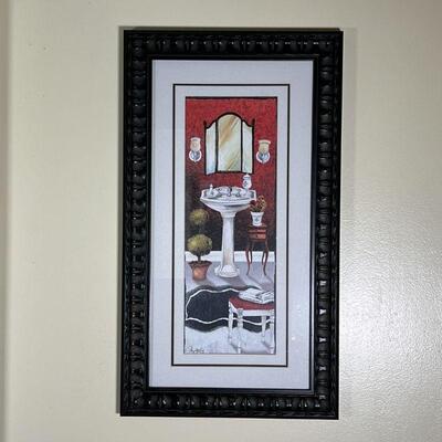 FRAMED BATHROOM ART | Chic art print of a painting, nicely matted and framed; overall 23 x 13 in. 