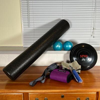 GROUP EXERCISE ITEMS | Including weighted bally balls, straps, balance tools, and a weighted belt