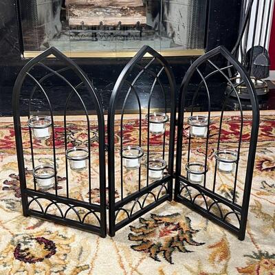 3-PANELED CANDLE HOLDER | Small fire screen / tri-fold tea candle holder in the shape of cathedral windows, each panel holds three...