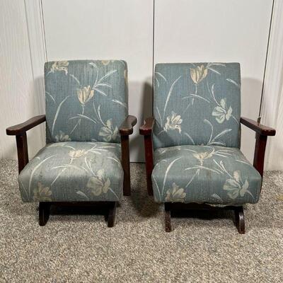 PAIR CHILDREN'S CHAIRS | Upholstered children's rocking chairs [upholstery worn]; h. 21 x w. 17-3/4 x d. 16 in.