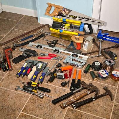 LARGE GROUP of TOOLS | Hand tools and supplies, including saws, hammers, wire, etc.