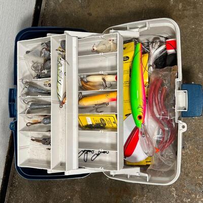 FISHING GEAR | Including one tacklebox with lures and other items, plus 2 empty tackle boxes