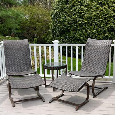 (5pc) PAIR WOVEN LOUNGE CHAIRS | Weatherproof woven outdoor patio lounge chairs with matching foot rests and a glass-top side table; each...