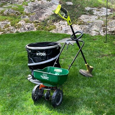 (3pc) LAWN MAINTENANCE SET | A Ryobi weed wacker, collapsable leaf bag, and a Scotts Turf Builder spreader
