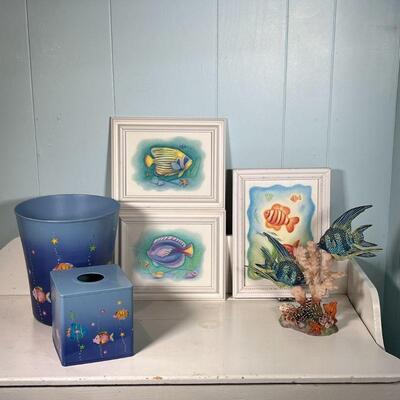 (6pc) FISH THEMED DECOR | Three framed prints (largest 9 x 12 in. ), trash can and tissue box cover, and coral reef model (11 in.) 