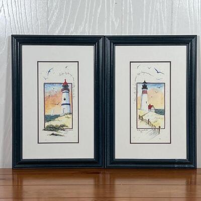 PAIR FRAMED LIGHTHOUSE ART | R. Morgan, 1996, print of watercolor paintings, nicely matted and framed; overall 16-1/4 x 11-1/4 in.