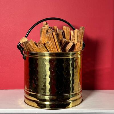 SMALL BUCKET of KINDLING | Small brass colored bucket with hammered texture containing small kindling for a fireplace; bucket dia. 7-1/2...