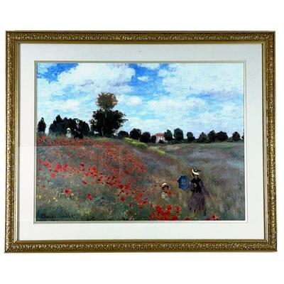 AFTER CLAUDE MONET | Reproduction print of an impressionist landscape with figures, in a gold frame; overall 27 x 32 in.