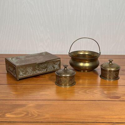 (4pc) BRASS BOXES ETC. | Including a pair of round lidded boxes, a hinged lid box decorated with animals in reserves, and an Indian brass...
