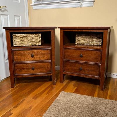 PAIR BEDSIDE TABLES | Nightstands having open shelves over two drawers; h. 27 x w. 22 x d. 17 in. 