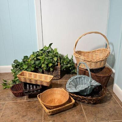 (8pc) MISC. BASKETS | Including one with a faux plant; largest 6-3/4 x 16 x 9 in.