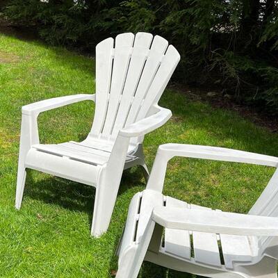 PAIR ADIRONDACK CHAIRS | White all weather stackable Adirondack patio armchairs; 30 x 30 x 34 in.
