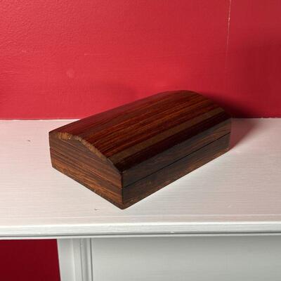 DISCREET WOODEN BOX | Dark wood finish with brass inlays on the lid; 6 x 4 x 2 in.