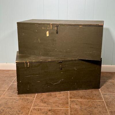 (2pc) PAINTED WOOD CRATES | Each with a hinged lid [some losses]; each h. 12-3/4 x w. 32 x d. 16 in.