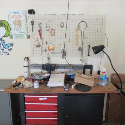 FIVE DRAWER TOOL CHEST / WORKBENCH WITH PEGBOARD AND LIGHT CONTENTS INCLUDED BRING HELP!