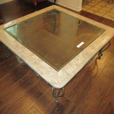 WROUGHT IRON BEVELED GLASS MARBLE COFFEE TABLE 41â€ X 41â€ X 17â€