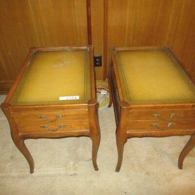 FRENCH PROVINCIAL LEATHER TOP END TABLES WITH DRAWERS 26â€ X 18â€ X 24â€