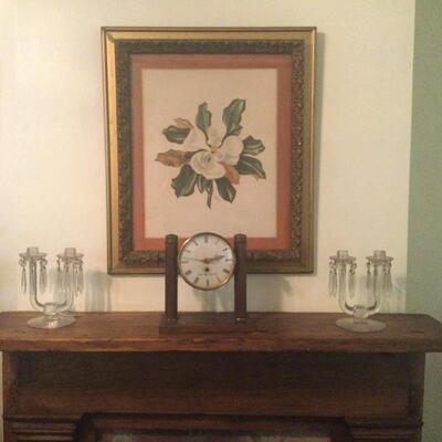 Candelabras, nice wind up clock, magnolia print
